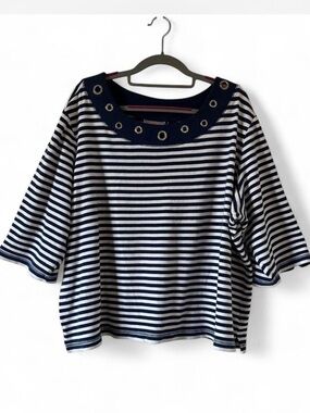 Quacker Factory Navy & White Striped Grommet-Trim Boatneck Top